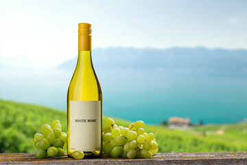 Fototapeta premium White wine bottle with grapes vineyard background