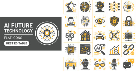 Fototapeta premium AI future technology solid icon set featuring artificial intelligence brain, machine learning robot, cyber security shield, and smart cloud network vector symbols.
