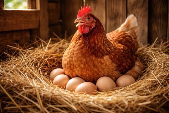 Happy red hen sitting on eggs in straw nest inside wooden chicken coop