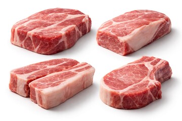 Fototapeta premium Set of four pork meat pieces showing marbling and texture differences on clean white surface