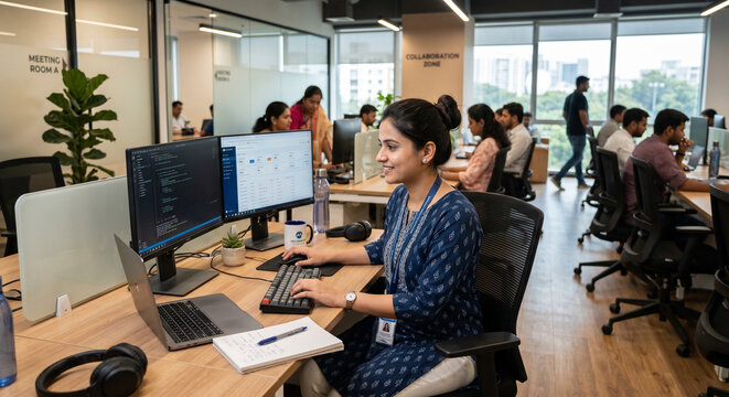 Indian Lady working in the office 