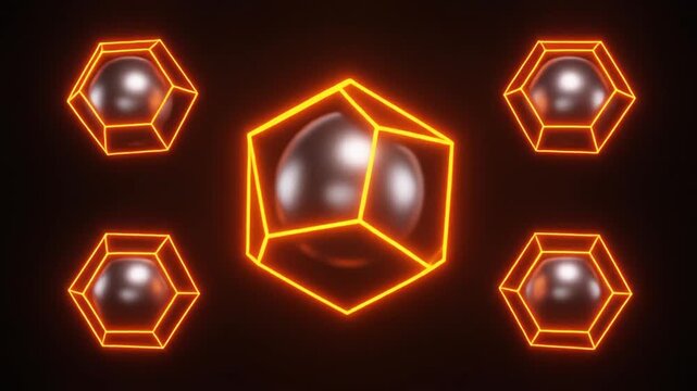 3D-rendered image of metallic spheres inside glowing, neon-orange geometric shapes on a dark background