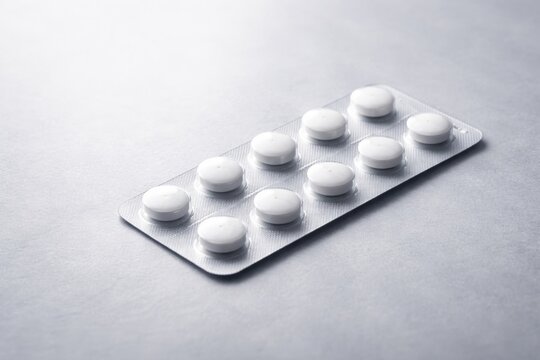 Neatly organized white pill blister pack on a soft gray surface featuring copy space