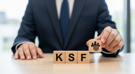 Obraz premium Businessman Arranging Wooden Blocks with KSF Text for Success Concept