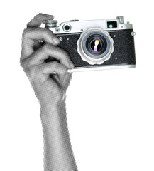 Hand holding a vintage retro camera isolated on transparent background with newspaper print texture. Concept of analog photography, classic technology and nostalgic media style © rvlsoft