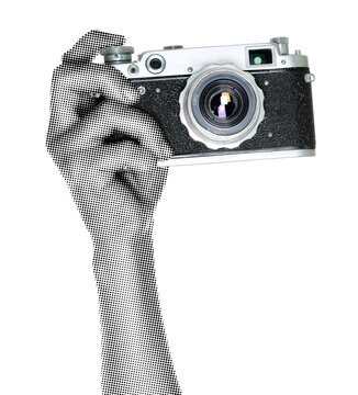 Hand holding a vintage retro camera isolated on transparent background with newspaper print texture. Concept of analog photography, classic technology and nostalgic media style