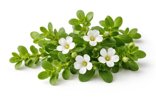 Natural Brahmi Bacopa monnieri blooms paired with rich green leaves arranged on a spotless white background symbolizing peacefulness