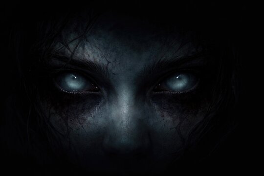 Close up image of haunting supernatural eyes in dark hues featuring copy space for text