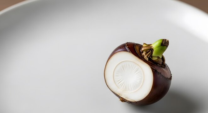 Water Chestnut Bulb with Green Sprout on White Plate