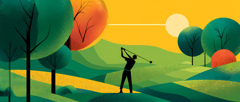 Person swinging a golf club on a green course lifestyle graphic in minimalist style