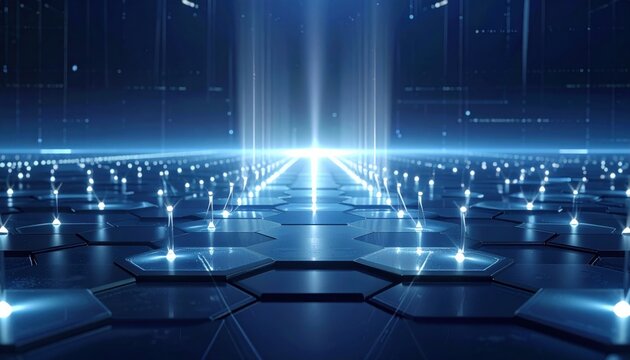 Array of precise hexagonal emitters in a futuristic digital network of blue light and technology