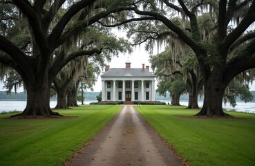 Obraz premium Grand plantation house with columns stands near wide river. Live oaks draped in Spanish moss line dirt driveway. Lush green lawn leads to classic Southern estate facade.