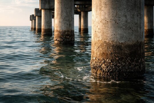 Marine architecture focus with concrete piles emerging from tranquil waters