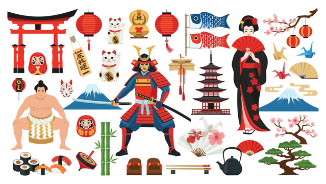 Japanese cultural icons samurai geisha sumo daruma maneki koi lantern sushi fan bamboo pagoda fuji vector illustration