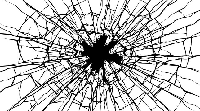 Cracked glass with a large hole in the center on a white background