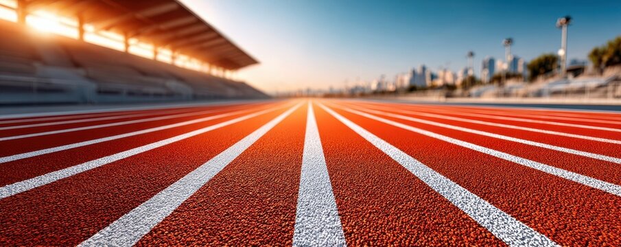 Macro view of a red running track with lanes stretching toward a stadium at sunrise