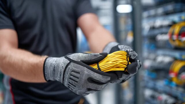 Close-up of gloved hands holding a yellow fiber cable bundle, Velcro straps keeping cables neatly together, organized server rack in the background, emphasizing structured and clea