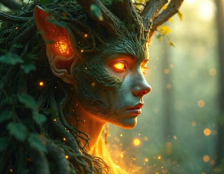 Fantasy forest spirit with glowing eyes and bark skin, branches sprout from head. Ethereal woman blends with nature in magical woods, surrounded by mystic light.