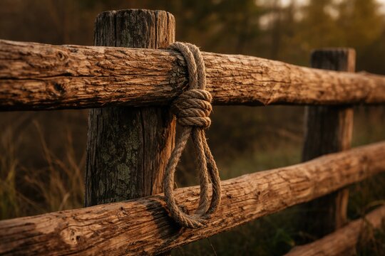 Rustic wooden fence with hangmans loop knot detail outdoors