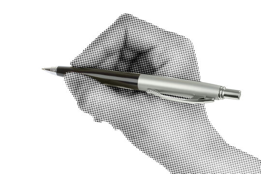 Hand holding a business pen like writing, isolated on transparent background with vintage newspaper print texture. Concept of business communication, signing documents and retro print style