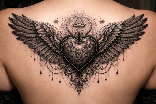 Intricate blackwork heart tattoo featuring wings and dotwork as a mystical symbol