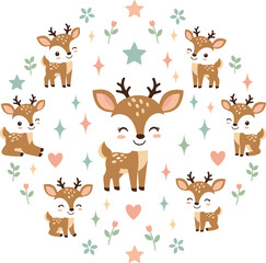 Obraz premium Cute deer characters in circular composition with stars and hearts illustrated in soft cartoon style for kids design