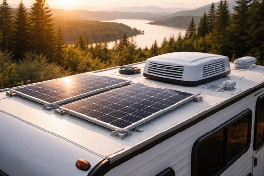 Rooftop view of camper trailer showing solar power panels and cooling unit with copy space