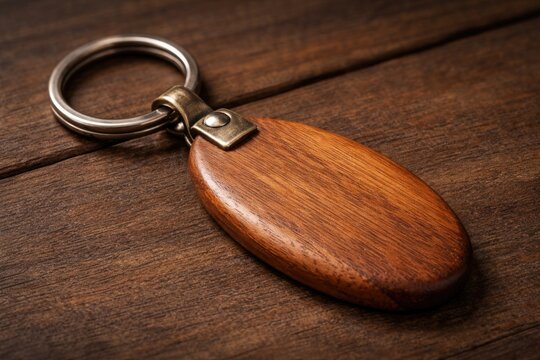 Wooden keychain design featuring a sturdy metal ring attachment on a smooth natural wood base