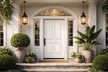 Fototapeta premium Modern front door with white finish featuring arched lunette and side windows with potted plants and hanging lantern