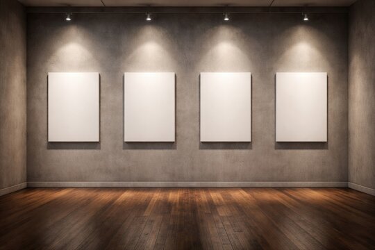 Gallery style setup with five white canvases on a raw concrete wall and vintage hardwood floors enhanced by IES lighting