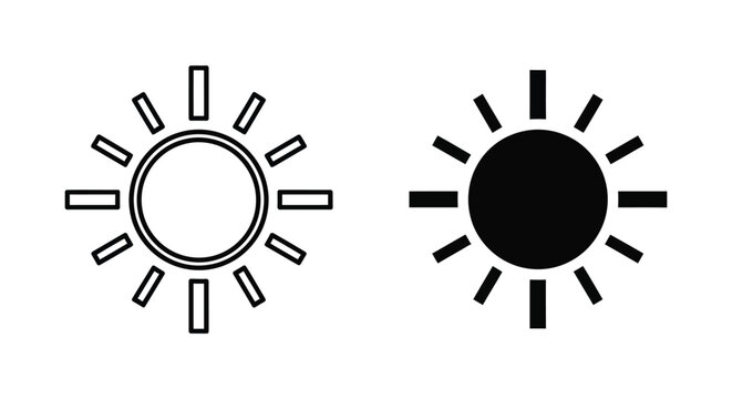 Sun symbol with rays in outline and silhouette style vector icon graphic element