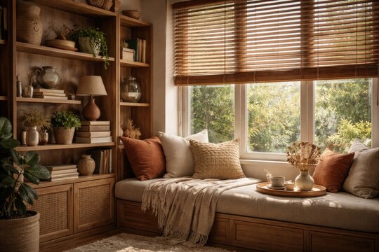 Stylish interior showing a wooden shelving unit, venetian blinds, and vintage window seating with pillows and copy space