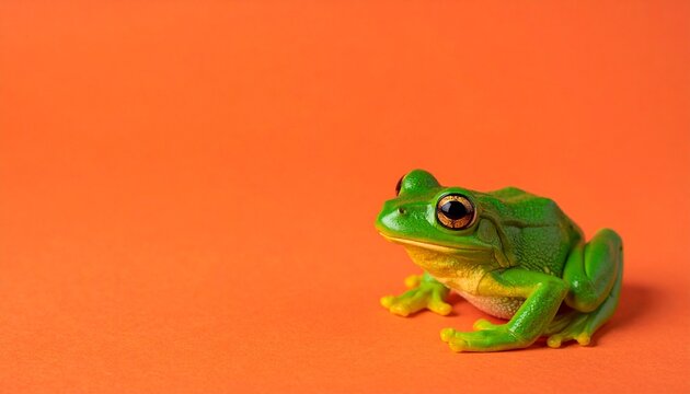 Bright Green Frog Sitting on Orange Surface with Bold Orange Background Highlighting Contrast and Smooth Texture