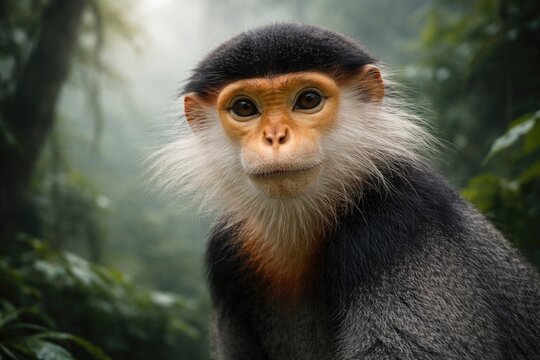 Detailed headshot of a friendly red shanked douc langur captured in misty jungle environment