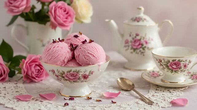 Pink rose ice cream in vintage tea set