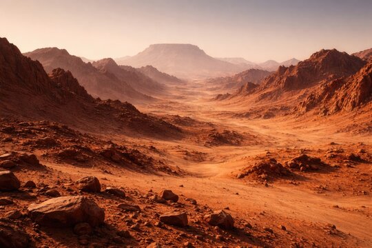 Mars scenic view of a dry mountainous landscape under a clear sky