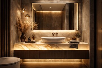 Fototapeta premium Stylish modern bathroom featuring an elegant sink atop a luminous countertop