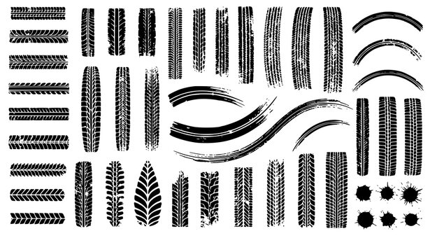 Tire tread marks vector collection with racing drift rally and off road wheel textures