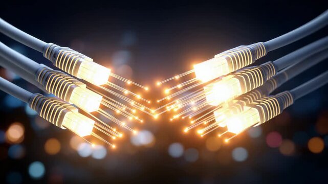 Close-up of several fiber and network cables inserted into ports, fiber optic background softly glowing, visible connectors and cable ends, simple lighting emphasizing connectivity
