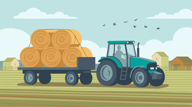 Green tractor pulling trailer with hay bales through a rural farm field