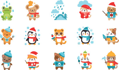 Fototapeta premium Cute winter animals set with fox, penguin, bear and cat in seasonal outfits with snow and rain elements for kids design and holiday illustration