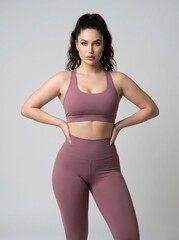 Fototapeta premium Confident and athletic young woman showcasing her strong and toned physique in stylish pink activewear, promoting a healthy and vibrant lifestyle in a studio setting