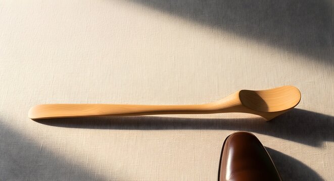 Wooden Shoe Horn and Brown Leather Shoe on Textured Surface