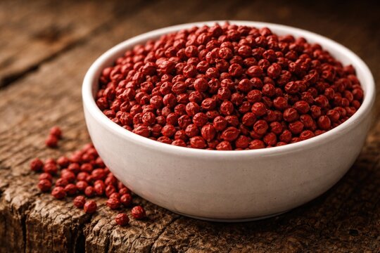 Texture detail of red achiote seeds in a white bowl on a rough wooden surface