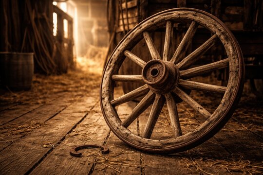Old west themed setting displaying wagon wheel and wooden plank flooring