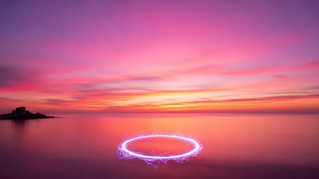 Pink circle light on tranquil water at sunset