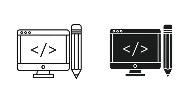 Computer monitor with code bracket icon set for software development and web coding