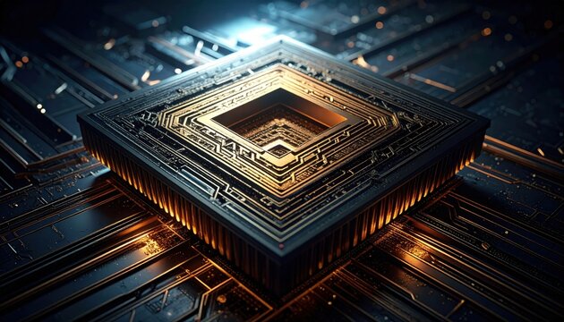 Close-up of a futuristic quantum processor substrate with intricate superconducting traces and metallic sheen