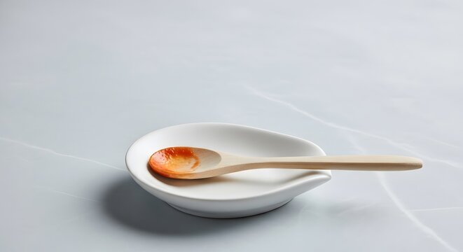 Wooden Spoon with Tomato Sauce on White Dish