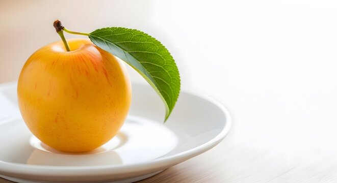 Yellow Plum with Green Leaf on White Plate